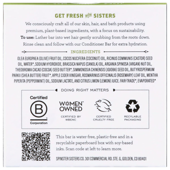 The Spinster Sisters Co. Rosemary Mint Shampoo Bar features eco-friendly certifications and natural ingredients like essential oils and extracts. Packaged in biodegradable, recyclable materials, this sulfate-free shampoo bar is plastic-free, emphasizing its sustainability and commitment to all-natural components.