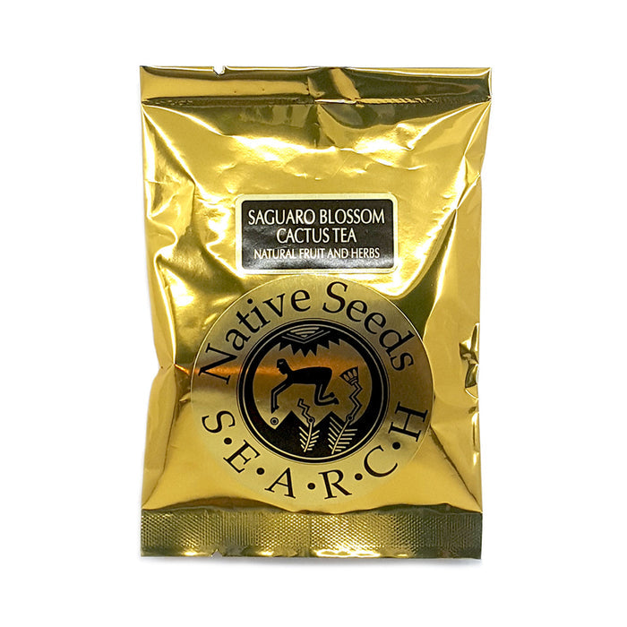 Gold foil package of 8 saguaro blossom cactus tea bags featuring native seeds/SEARCH logo
