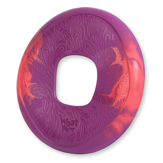 The West Paw Sailz® flying disc is a durable, lightweight fetch toy made from ocean-bound recycled plastic. It features a round, textured design with a center hole and comes in purple and pink hues, perfect for energetic pups.