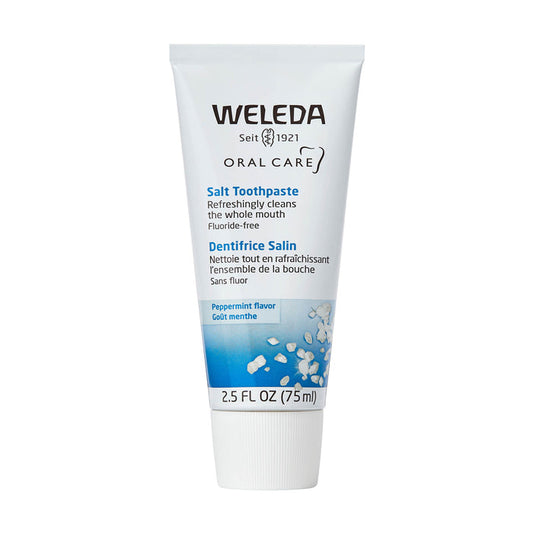 A 2.5 fl oz (75 ml) tube of Weleda Salt Toothpaste, featuring a white and blue design with English and French text, cleans the whole mouth fluoride-free, offering peppermint flavor combined with the natural benefits of Ratanhia root.