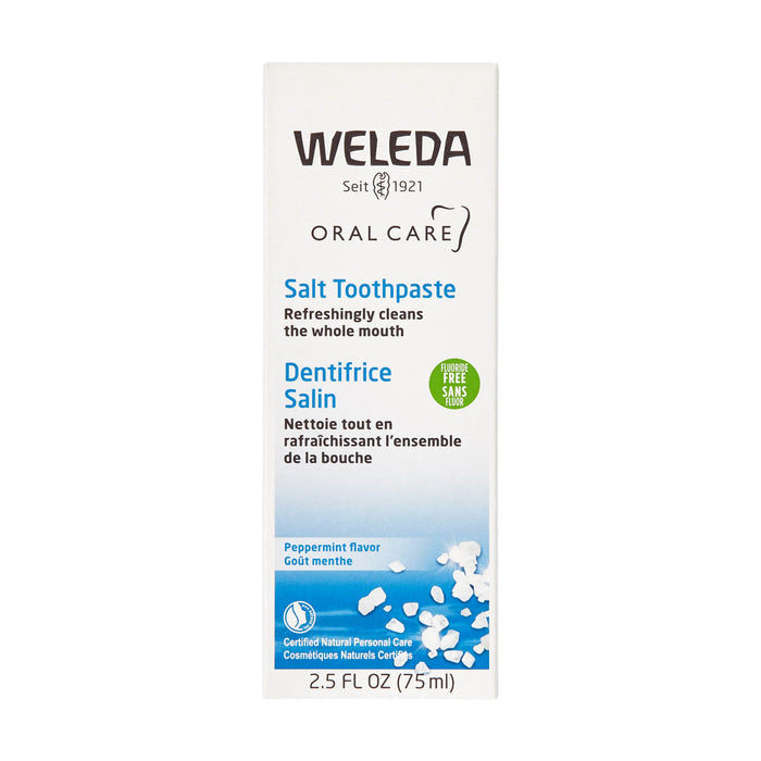 Weleda Salt Toothpaste box displays its branding and product details, emphasizing the refreshing peppermint flavor, whole mouth cleaning efficacy, fluoride-free formula with natural myrrh extract. Includes 2.5 fl oz (75 ml).