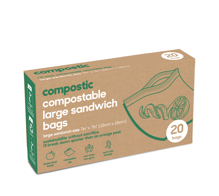 Compostics plant-based Sandwich Bags are home-compostable and come in a brown box with green text and a sandwich illustration. Each box contains 20 eco-friendly bags, measuring 7in x 7in (18cm x 18cm), highlighting their commitment to sustainability.