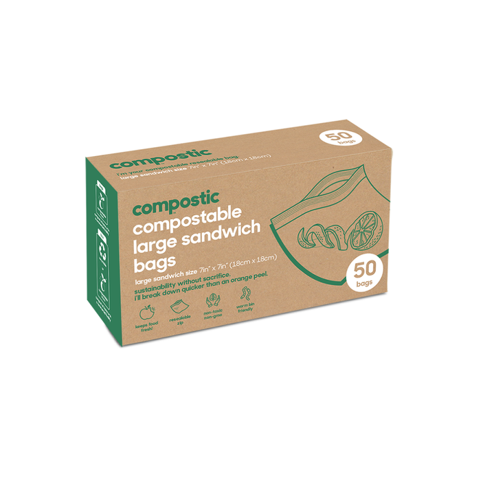 Presenting Compostic Sandwich Bags, a set of 50 home-compostable bags crafted from plant-based materials. Each bag measures 7in x 7in (18cm x 18cm) and features green text and graphics on a brown background with orange peel and compost symbols.