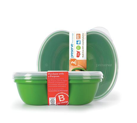 Two Preserve Food Storage Sandwich containers, green with clear lids, are stacked in sustainable packaging. A tag emphasizes their eco-friendly design made from recycled plastic, perfect for storing sandwiches. Embrace sustainability with B the Change.