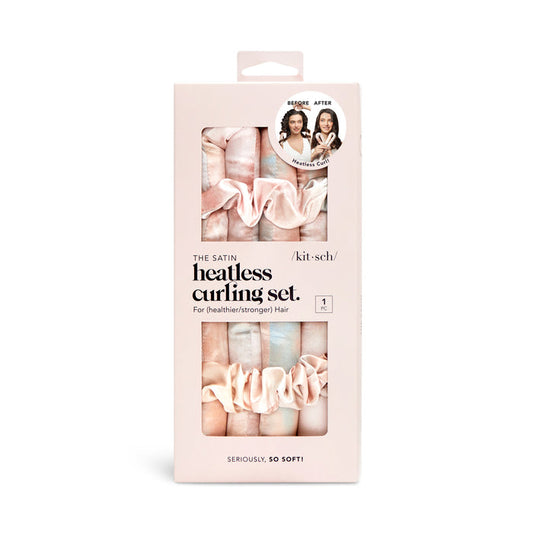 The image displays a Kitsch Satin Heatless Curling Set in a sleek box with a window revealing pink and beige scrunchies. A Before & After graphic emphasizes frizz-free hair on two women, while text states: The Satin Heatless Curling Set and Seriously, So Soft!.