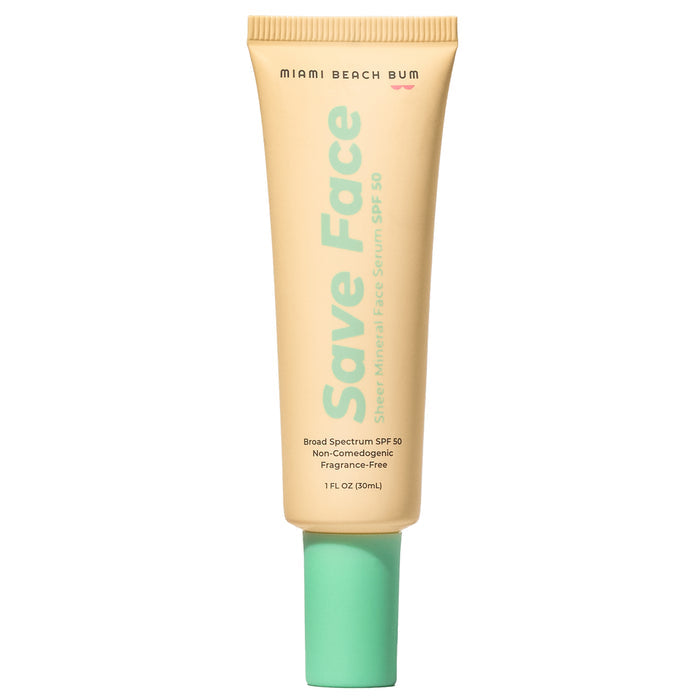 The Save Face Serum - SPF50 from Miami Beach Bum comes in a beige tube featuring yellow and teal text, a teal cap, and contains a non-comedogenic, Hawaii Reef-Friendly broad-spectrum formula that is fragrance-free offering sheer mineral protection.