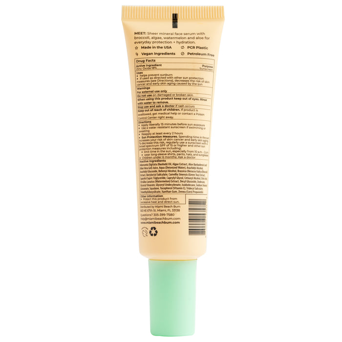 Miami Beach Bums Save Face Serum - SPF50 comes in a beige tube with a mint green cap. Its a sheer mineral sunscreen boasting vegan ingredients, is Hawaii Reef-Friendly, made in the USA, non-comedogenic to prevent clogged pores, and packaged in a recyclable tube.