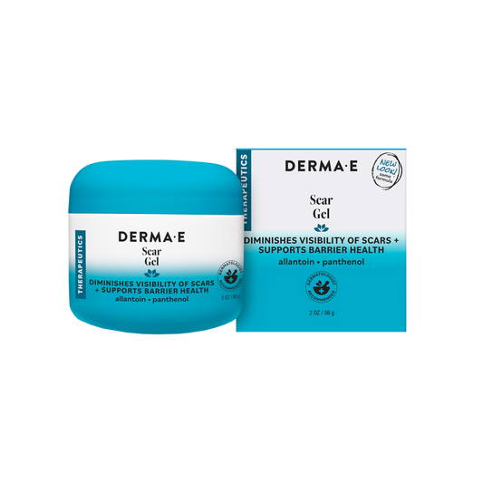 A Derma E Scar Gel container and its blue and white box are displayed side by side. The packaging highlights benefits for scars and barrier health, featuring ingredients like allantoin and panthenol, and showcases this Scar Gel from Derma E as an effective treatment designed to improve the appearance of scars.