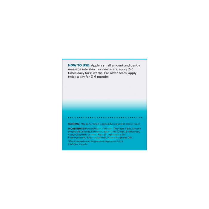 A product label for Derma E Scar Gel features a blue and white background, designed to support effective scar treatment and help smooth scars over time. Instructions: Apply to skin 2–3 times daily for 8 weeks for new scars or 3–6 months for old scars. Includes warning and ingredient list at the bottom.