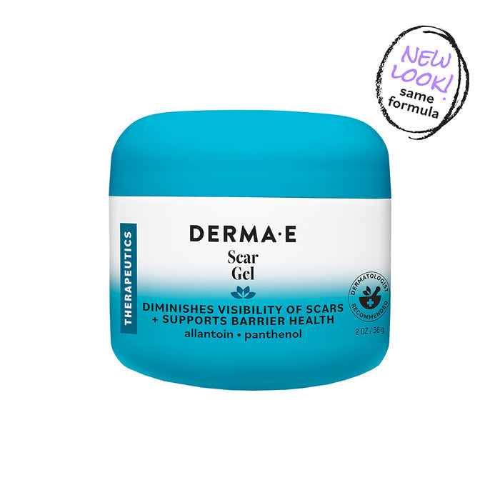 A jar of Derma E Scar Gel in blue and white packaging features text highlighting its benefits for reducing the appearance of scars, supporting barrier health, and providing effective scar treatment. A “NEW LOOK! same formula” sticker appears in the top right corner.