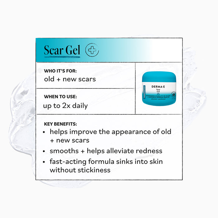 Derma E Scar Gel is designed to improve the appearance of both old and new scars. This soothing treatment can be applied up to twice daily and helps reduce redness while absorbing quickly with no sticky residue. Shown here: the product jar displayed on a white textured gel background.