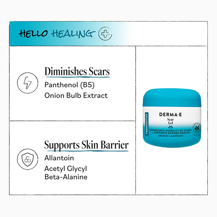 A Derma E Scar Gel product box showcases this advanced scar gel, which reduces the appearance of scars with panthenol and onion bulb extract, while allantoin, acetyl glycyl, and beta-alanine help support the skin barrier for effective scar smoothing.