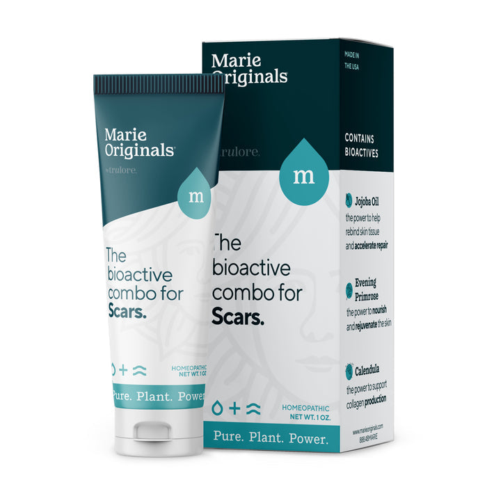 A tube and box of Marie Originals Scar Treatment Cream in teal and white packaging highlights natural ingredients like jojoba oil, evening primrose, and calendula for effective scar care. Labeled "The bioactive combo for Scars.