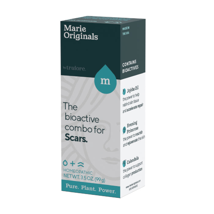 A box of Marie Originals Scar Treatment Cream in teal and white, featuring bioactive ingredients like jojoba oil and calendula, with “Pure. Plant. Power.” displayed to emphasize its natural skincare benefits.