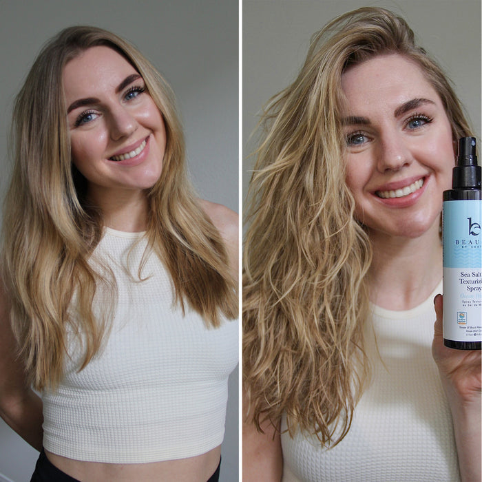 A woman with long blonde hair is seen in a split image: straight on the left, wavy and voluminous on the right using Beauty by Earths Sea Salt Spray Hair Texturizer. She smiles, holding the product while wearing a white sleeveless top.
