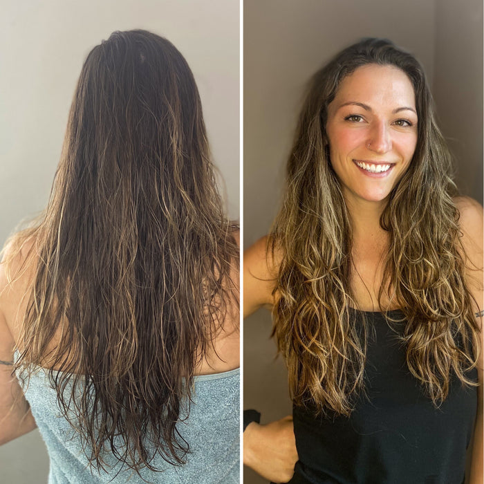 Side-by-side images show a woman with long, wavy hair. On the left, her wet hair is seen from the back. On the right, she smiles in a black tank top, her waves perfected with Beauty by Earths Sea Salt Spray Hair Texturizer for an effortless beachy texture.