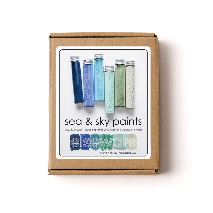 The Sea & Sky Paint Set from elseware includes five vials with blue, green, and beige shades. The label promises easy to use, all-natural, earth-friendly pigments collected globally, ideal for those preferring non-toxic pigments.