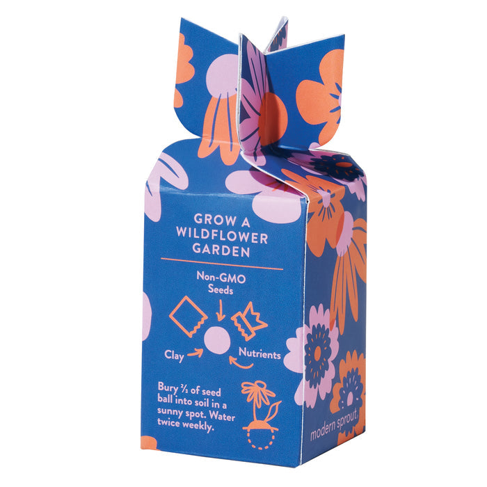 The Modern Sprout Seed Bomb - Youre Wild Flower is a vibrant blue and orange box with floral designs, containing non-GMO wildflower seeds, clay, and nutrients. Bury ⅓ of the seed ball in a sunny spot and water twice weekly to attract pollinators.