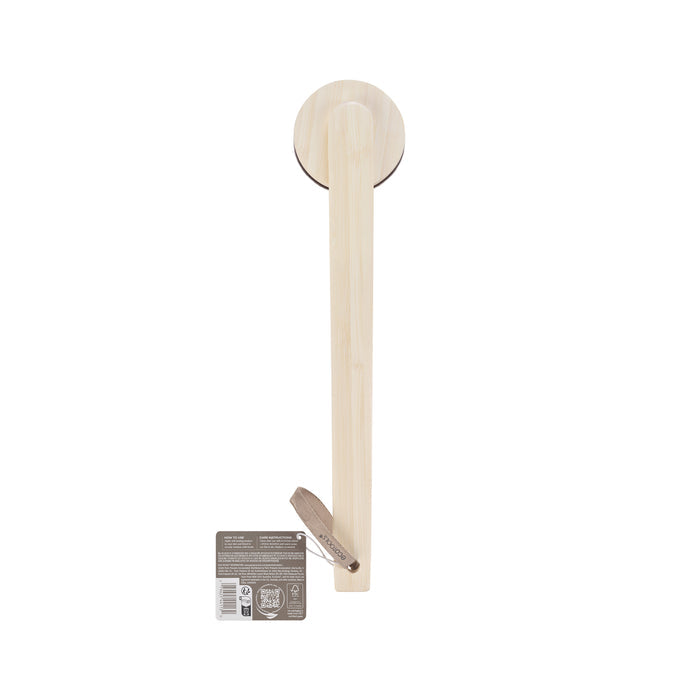 The EcoTools Self-Tan Back Applicator is a wooden tool with a long handle and circular end, perfect for reaching tricky spots. It has an attached tag and ensures an even, natural-looking tan for those who prefer a reliable back applicator.