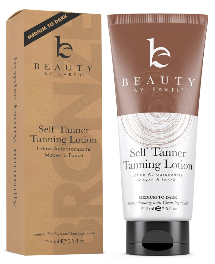 A Beauty by Earth Self Tanner tube and box, ideal for a golden glow on medium to dark skin tones. Made with natural ingredients, the white and brown packaging displays the brand logo and product details in black text.