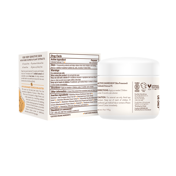 A white jar of Sensitive Baby All Natural Healing Ointment by Babo Botanicals, labeled for very sensitive skin, sits with its box. The packaging includes usage and ingredient information, describes it as plant-based and cruelty-free, and highlights its role as an organic skin protectant.