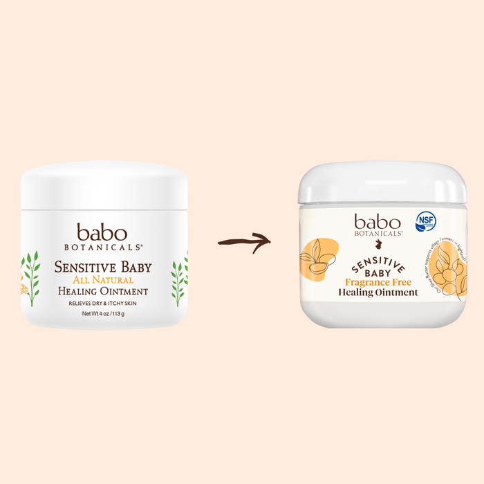 Two jars of Babo Botanicals Sensitive Baby All Natural Healing Ointment: The left jar, labeled All Natural, is a perfect natural baby ointment, while the right jar marked Fragrance Free with an NSF logo serves as an organic skin protectant. Both feature a botanical design.