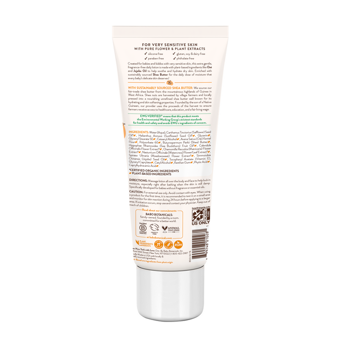 The back of Babo Botanicals Sensitive Baby Hydrating Baby Lotion shows plant-based ingredients, certifications, barcode, and usage directions. The white packaging features orange and green text and accents.