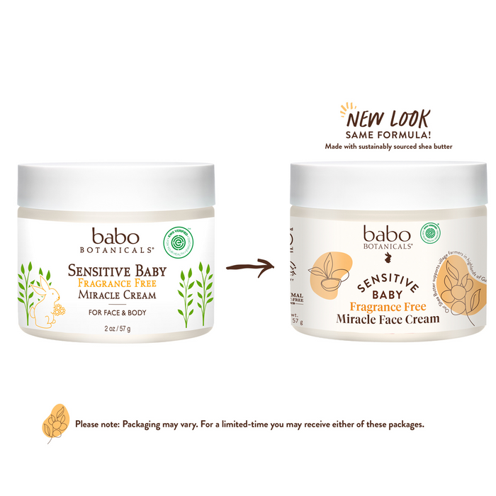 Two jars of Babo Botanicals Sensitive Baby Miracle Cream are shown, with the left showcasing the old design and the right featuring the new look. Both fragrance-free moisturizers are perfect for sensitive skin and can be used on face and body. Packaging may vary.