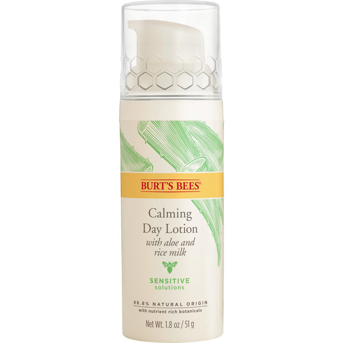 Burts Bees Sensitive Daily Moisturizing Cream offers all-day hydration with aloe and rice milk. Labeled Sensitive Solutions, its hypoallergenic, 98.8% natural, and weighs 1.8 oz/51 g, featuring green leaf graphics on the packaging.