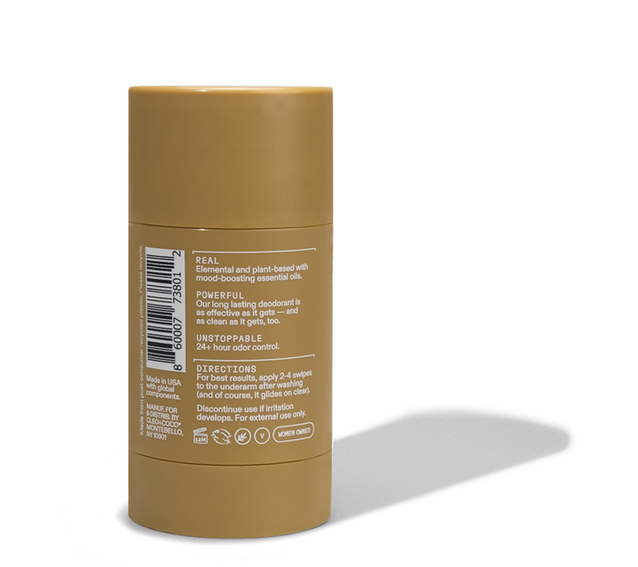 A tan cylindrical Cleo & Coco Sensitive Deodorant stick, lid on, with a label showing barcode, product info, directions, icons for natural ingredients and Made in USA. Promises 24-hour protection; text is visible on the back.