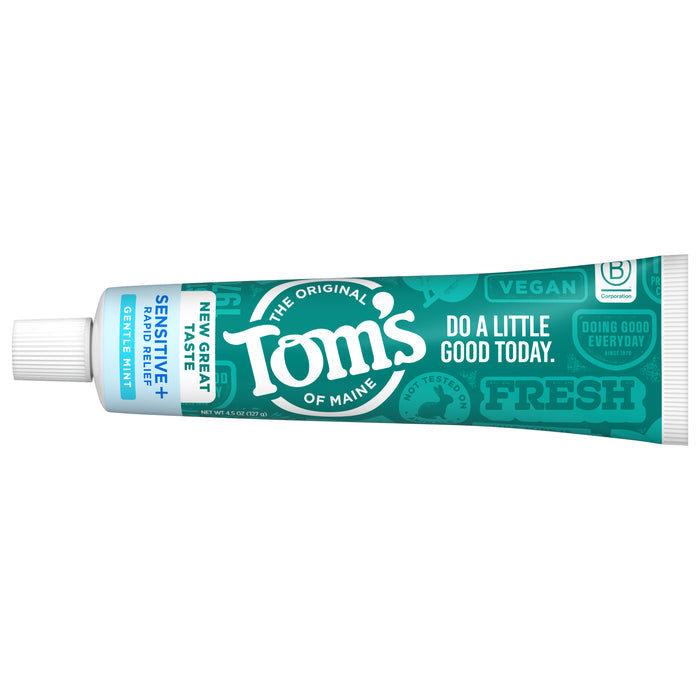 A tube of Tom’s of Maine Sensitive + Rapid Relief Fluoride Free Toothpaste in teal packaging with white text, featuring Gentle Mint and “Do a Little Good Today,” highlights its vegan values and rapid sensitivity relief.