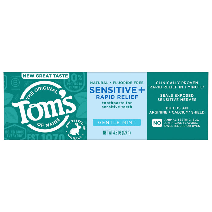 Tom's of Maine Sensitive + Rapid Relief Fluoride Free Toothpaste in Gentle Mint offers rapid sensitivity relief without artificial sweeteners or flavors. For sensitive teeth. Net wt: 4.5 oz (127 g).