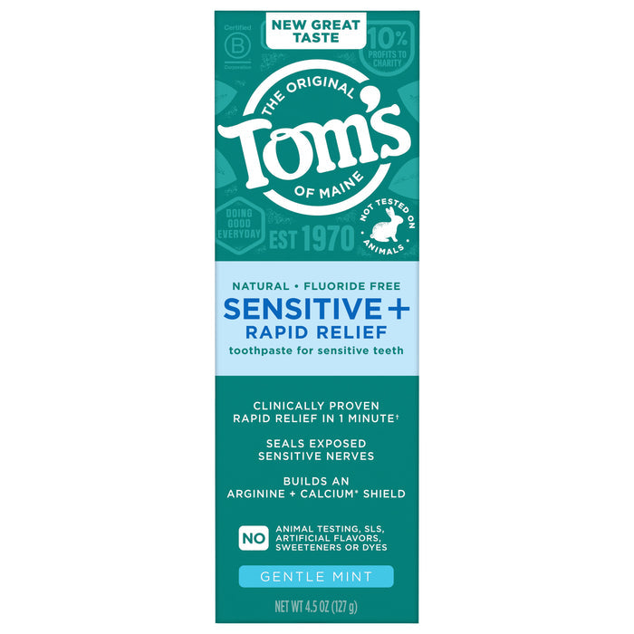 The front of Tom's of Maine Sensitive + Rapid Relief Fluoride Free Toothpaste highlights rapid sensitivity relief, clinically proven effectiveness, gentle mint flavor, and no animal testing or artificial ingredients.