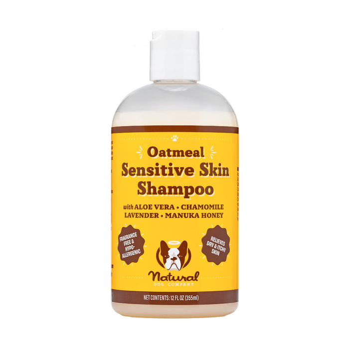 The 12 fl oz Sensitive Skin Oatmeal Shampoo from Natural Dog Company features a hypoallergenic formula with natural ingredients like aloe vera, chamomile, lavender, and manuka honey to keep your pets coat healthy and soft.