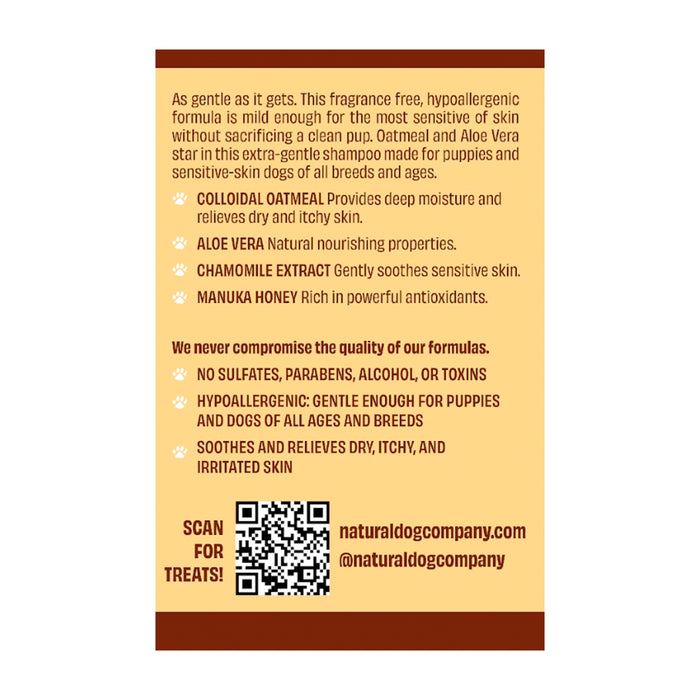 Natural Dog Companys Sensitive Skin Oatmeal Shampoo has a gentle, hypoallergenic formula with colloidal oatmeal, aloe vera, chamomile extract, and manuka honey. Sulfate- and toxin-free; it soothes dry skin. The packaging features contact info and a QR code for treats.