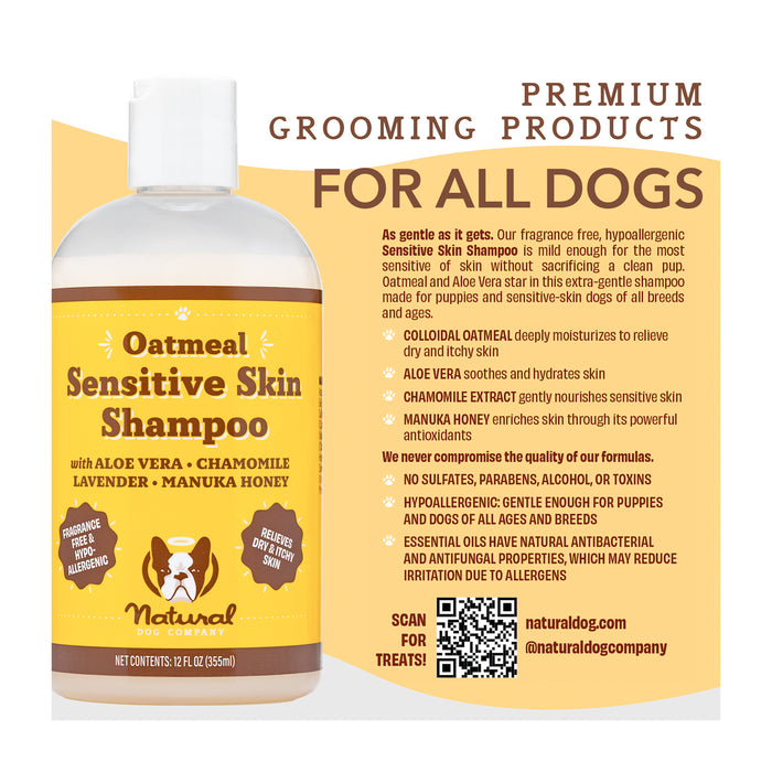 A bottle of "Oatmeal Sensitive Skin Shampoo" for dogs by Natural Dog Company. The label highlights ingredients like aloe vera, chamomile, and manuka honey. It promotes skin relief and hydration without sulfates or parabens. QR code and website included.