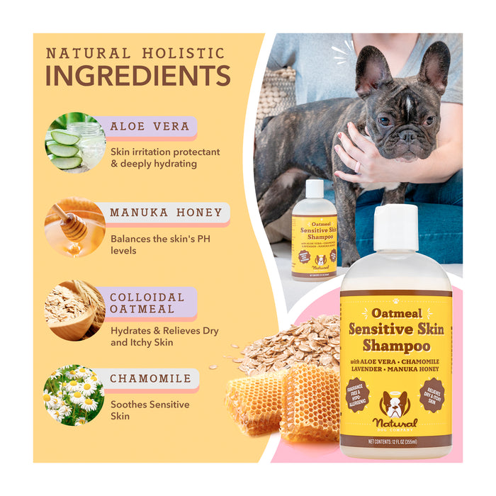 Oatmeal Sensitive Skin Shampoo with aloe vera, chamomile, lavender, and manuka honey is shown. Ingredients listed: aloe vera, manuka honey, colloidal oatmeal, chamomile. A small dog sits beside the shampoo.