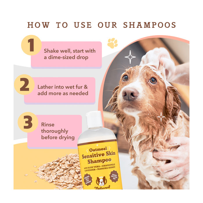 A guide on using oatmeal sensitive skin shampoo featuring a wet dog. Steps include shaking well, lathering on wet fur, and rinsing. The shampoo bottle contains aloe vera, chamomile, lavender, vanilla, and honey. Illustrations of oats and a paw print.