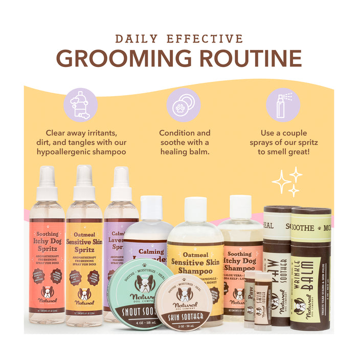 A collection of dog grooming products, including shampoos, spritzes, and balms. The image features instructions for use: clear irritants with shampoo, condition with healing balm, and use spritz for scent. The background is yellow with informational icons.