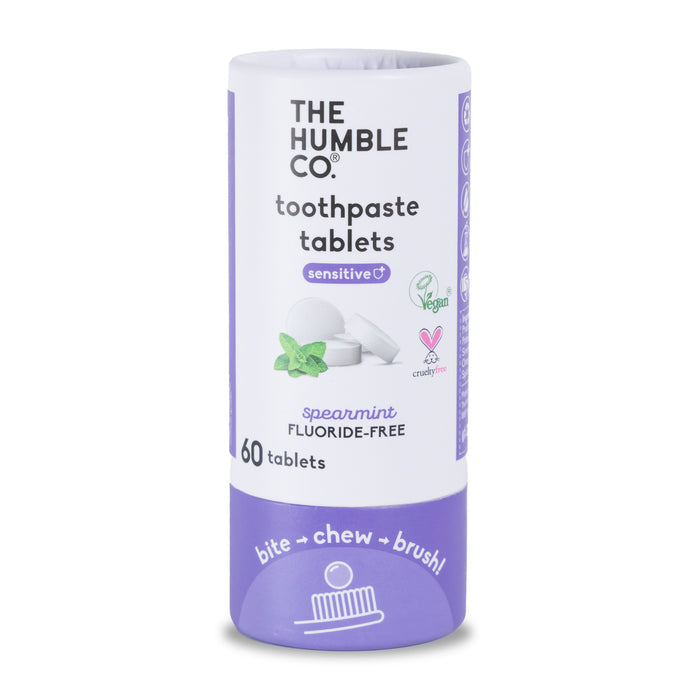 The Humble Co. Sensitive Toothpaste Tabs are vegan, cruelty-free, and come in eco-friendly cylinder packaging with a refreshing spearmint flavor. Each fluoride-free pack has 60 tablets with bite, chew, brush icons at the bottom.