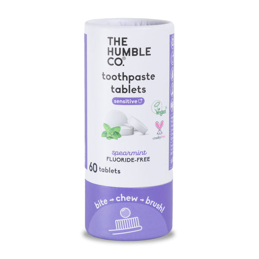 The Humble Co. Sensitive Toothpaste Tabs are vegan, cruelty-free, and come in eco-friendly cylinder packaging with a refreshing spearmint flavor. Each fluoride-free pack has 60 tablets with bite, chew, brush icons at the bottom.