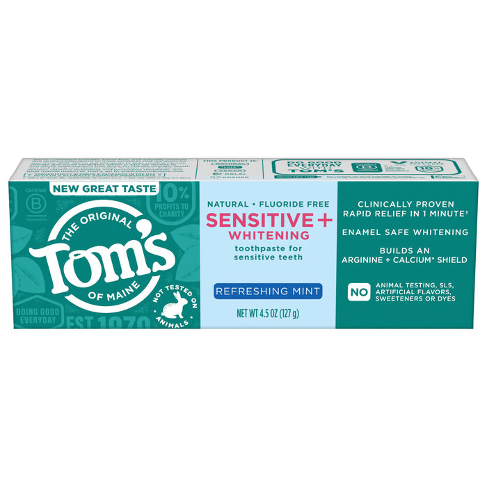A box of Tom’s of Maine Sensitive + Whitening Fluoride Free Toothpaste in Refreshing Mint for sensitive teeth, labeled natural. Packaging notes enamel safe whitening, rapid sensitivity relief, and no animal testing.