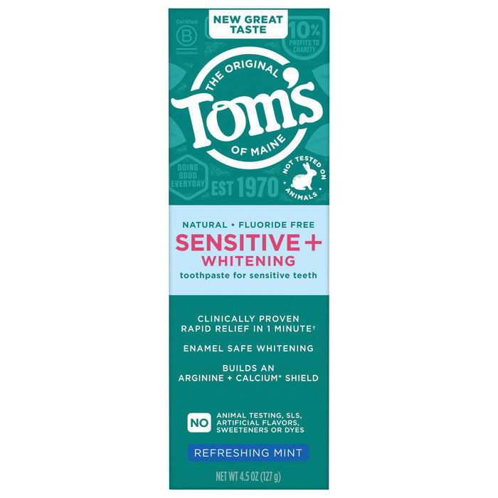 Tom’s of Maine Sensitive + Whitening Fluoride Free Toothpaste in Refreshing Mint offers rapid sensitivity relief, is enamel safe, cruelty-free, and comes in a 4.5 oz (127 g) tube.