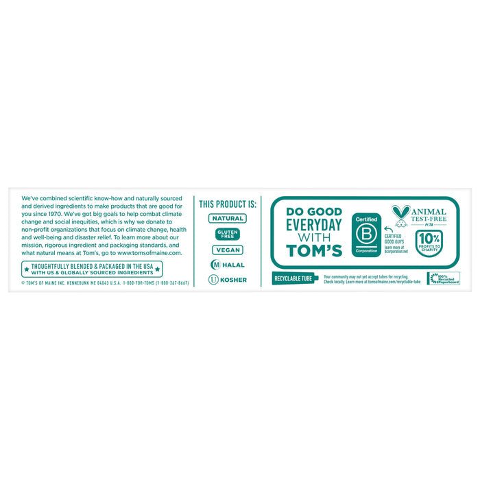 The label of Tom's of Maine Sensitive + Whitening Fluoride Free Toothpaste highlights that it's natural, vegan, halal, kosher, cruelty-free, B Corp certified, in a recyclable tube. It features a “Do Good Everyday with Tom’s” message plus ingredients and company info.