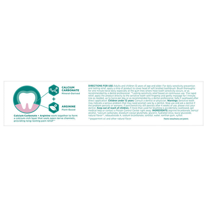 A labeled tooth diagram explains how Tom’s of Maine Sensitive + Whitening Fluoride Free Toothpaste uses calcium carbonate and arginine for fast sensitivity relief. Text covers directions, warnings, ingredients, and flavor info.