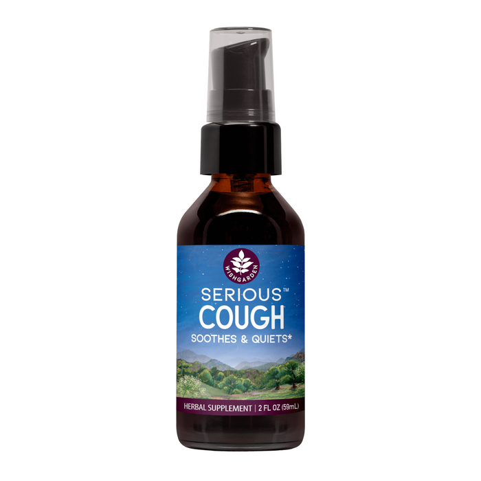 A brown bottle of WishGarden Herbs Serious Cough Herbal Supplement features a spray nozzle, blue background with green hills, and a label stating 2 fl oz (59 mL) and supports lung health to calm your cough.