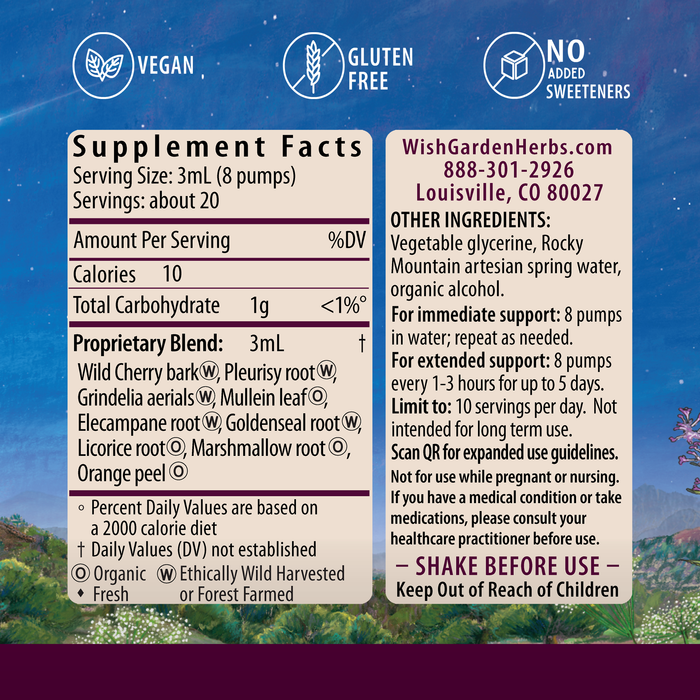 Serious Cough by WishGarden Herbs: vegan, gluten-free herbal tincture with wild cherry bark and pleurisy root to calm cough and soothe throat. Includes directions, contact info, warnings. Nature illustration background. No sweeteners.
