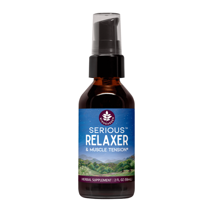 A 2 fl oz brown bottle of WishGarden Herbs’ Serious Relaxer supplement with a black pump and a label depicting mountains, trees, and a night sky—crafted with herbs for muscle tension relief and restful sleep support.