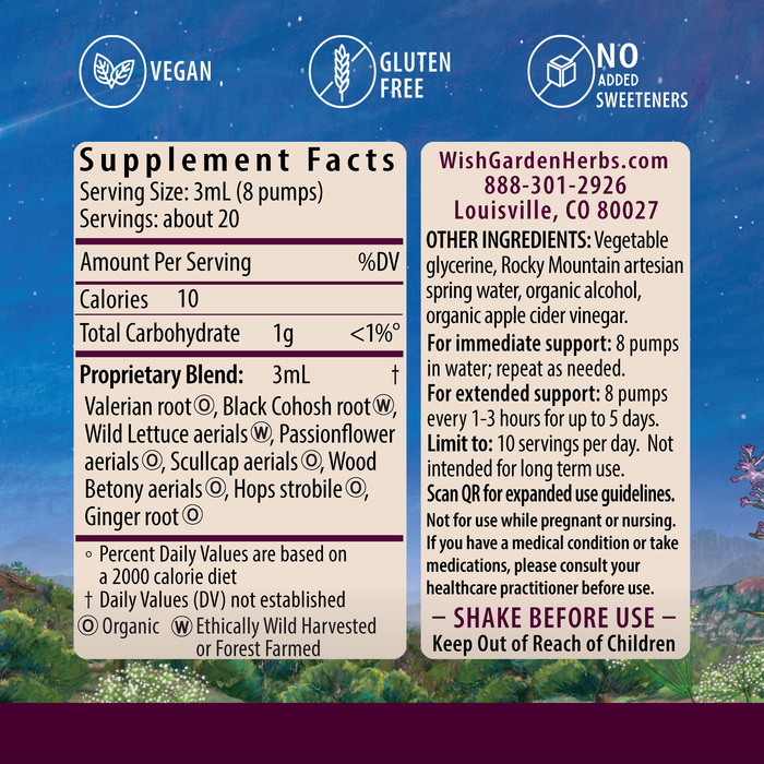 Supplement facts label for WishGarden Herbs’ Serious Relaxer sleep support, featuring herbs for muscle tension—valerian, black cohosh, passionflower. Includes vegan, gluten-free, no sweeteners icons and company contact info.