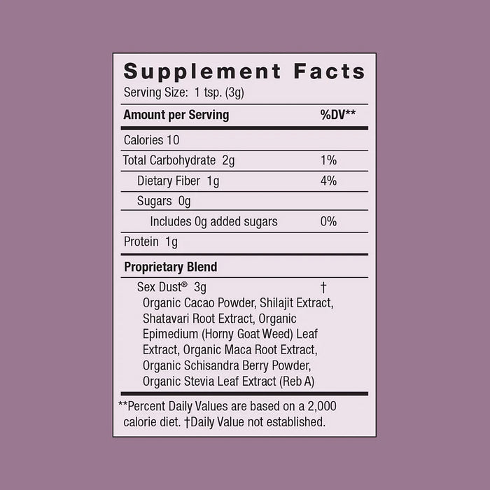 Close-up of the Sex Dust supplement facts label on a purple background, detailing 10 calories, 1% total carbohydrates, and 1g fiber. The proprietary blend includes Organic Cacao Powder and adaptogens like Organic Schisandra Berry Powder to support hormonal balance. Brand: Moon Juice.